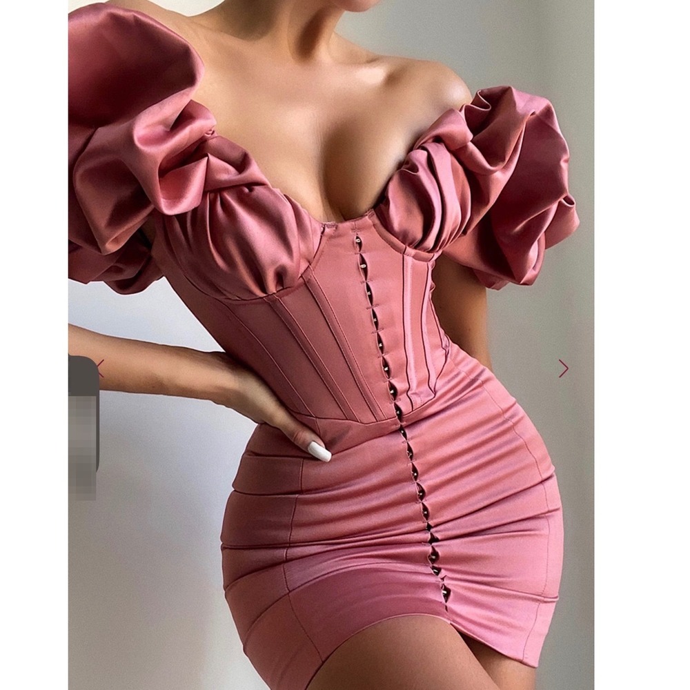 House of CB Annabelle Rose Pink Satin Corset Puff Sleeve Mini Dress Size M